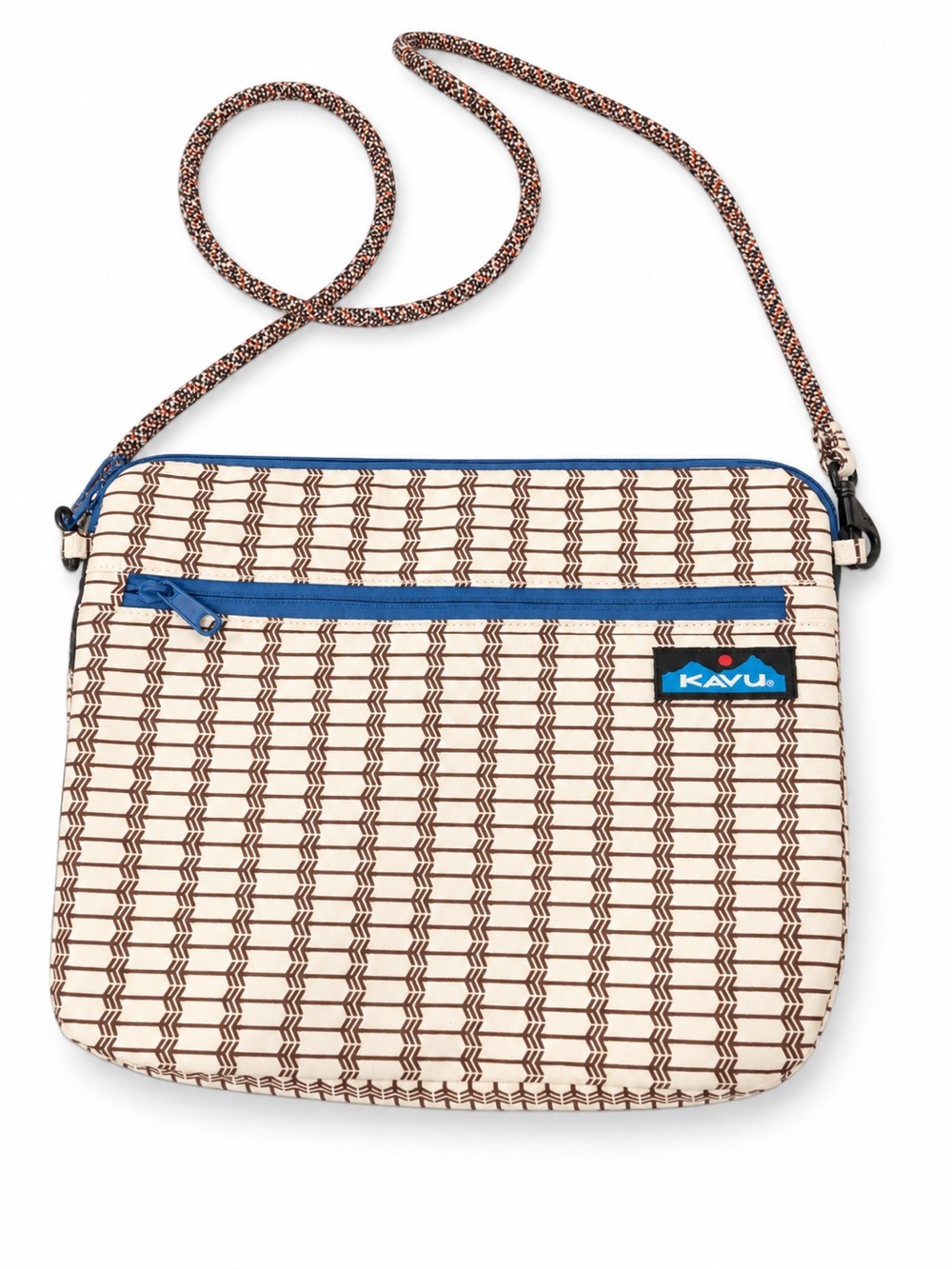 Kavu Cream & Brown Crossbody Bag with Blue Accents Arrow Print